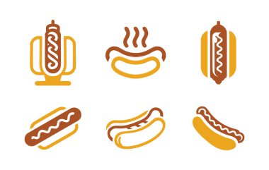 Fast food stantları ve sıradan yemek markaları için 6 adet sosisli logosu tasarlandı. Menüler, sokak yemekleri ve gıda kimlik projeleri için elverişli.