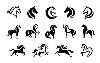 Marka ve kimlik projeleri için çiftlik hayvanı temalı 14 at logosundan oluşan modern bir minimalist koleksiyon. Bu logo seti siyah ve beyaz siluet biçimini içerir.