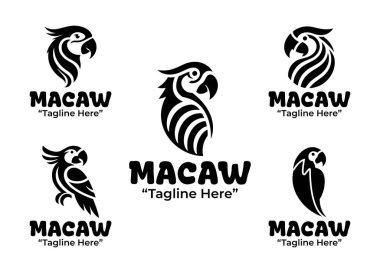 Siyah-beyaz papağan logosundan oluşan modern bir minimalist koleksiyon, markalaşmak için canlı tropikal kuş vahşi yaşamını ön plana çıkarıyor. siluet biçimi.