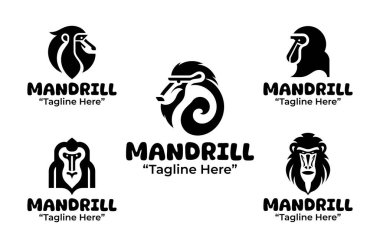 Siyah-beyaz 5 mandrill logosundan oluşan modern bir minimalist koleksiyon, markalaşma ve kimlik projeleri için etkileyici primat yaban hayatı tasarımı tasarlıyor. siluet biçimi.