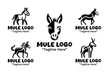 Siyah-beyaz katır logosundan oluşan modern bir minimalist koleksiyon, markalaşma ve kimlik kullanımı için çok çalışan çiftlik hayvanlarını ön plana çıkarıyor. siluet biçimi.