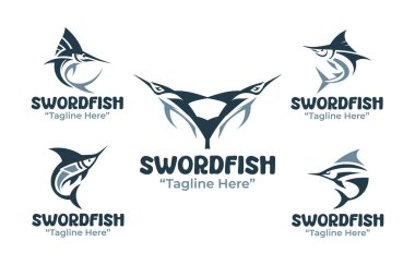 5 kılıçbalığı logosundan oluşan modern bir minimalist koleksiyon markalaşma ve kimlik projeleri için deniz yırtıcı temaları içeriyor..