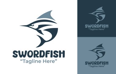 Deniz markaları, okyanus toplulukları ve su kimliği kullanımı için inşa edilmiş modern bir minimalist kılıç balığı logosu..