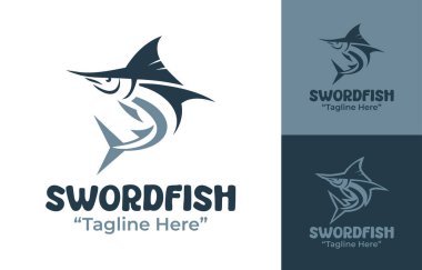 Suda markalaşma, deniz sporları ve okyanus temalı kimlikler için uygun modern bir minimalist kılıç balığı logosu..