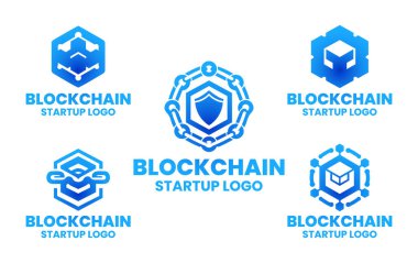 Gelişmekte olan teknoloji markalaşması için tasarlanmış 5 blok zinciri logosundan oluşan modern bir minimalist koleksiyon..