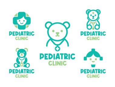 Çocuk sağlığı ve tıbbi markalaşma odaklı 5 çocuk kliniği logosundan oluşan modern bir minimalist koleksiyonu.