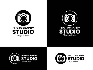 Markalaşma, kimlik ve fotoğraf stüdyosu işletmeleri için tasarlanmış siyah beyaz tonlu modern bir minimalist kamera simgesi.