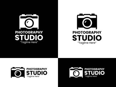 Markalaşma, kimlik ve fotoğraf logoları için siyah beyaz renkli modern bir minimalist kamera simgesi