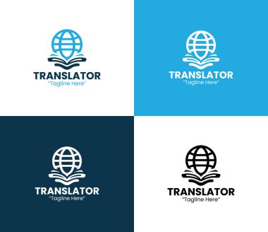 A modern minimalist globe chat book icon in light dark blue tones designed for branding, identity, and global communication services