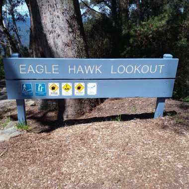 Bir işaret Kartal Şahin Gözcüsünün Katoomba, Avustralya yakınlarındaki ünlü Mavi Dağlar Ulusal Parkı 'na giden yolu gösteriyor..  