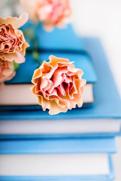 Krásné pupeny oranžové karafiáty květiny na hromadě modrých knih — Stock fotografie