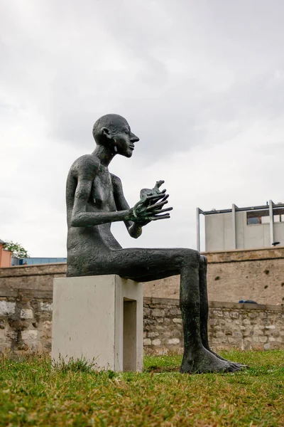 Julio 2021, Erfurt Alemania, El hombre con un animal, una nueva escultura en Erfurt — Foto de Stock
