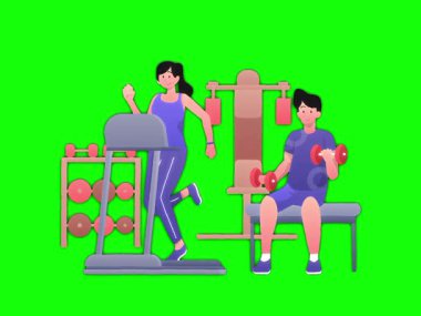 Kadın ve erkek barkod üzerinde çalışıyor. Spor salonu, sağlıklı yaşam tarzı, spor ve sağlıklı yaşam tarzı konsepti. Düz biçimdeki vektör illüstrasyonu