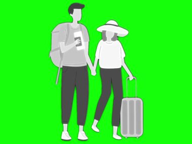 Düz stil içinde bavullu iki turist ve siyah şapkalı bir adam. Adam ve kız bir bavul boyunca yürüyorlar.