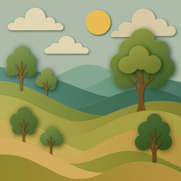 Kağıt, ağaçlar ve tepelerle manzarayı kesiyor. Kağıt kesim biçimi doğa sahne vektörü illüstrasyonu.