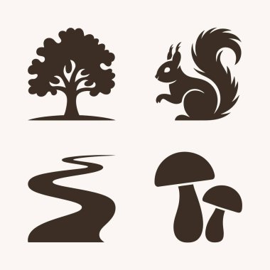 Uzun meşe ağaçlı orman siluetleri, oturan sincap, kıvrılan nehir ve bir çift mantar.