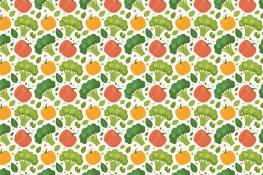 Sebzeler dikişsiz desen. Brokoli, turp ve yapraklar gibi sebzelerle sevimli bir arkaplan. Vektör illüstrasyonu.