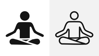 Siyah yoga poz simgesi, sağlam ve ana hatlı versiyonu. Vektör illüstrasyonu.