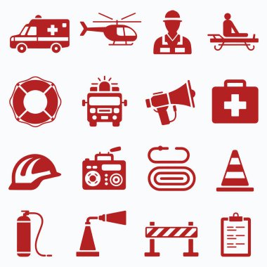Acil durum kurtarma ekibi kırmızı ikonlar silueti hazır. Vektör illüstrasyonu.
