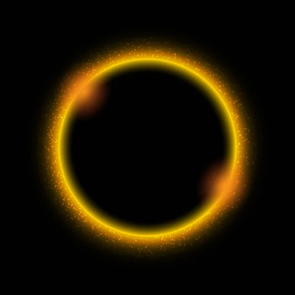 Parıldayan parçacıklar, siyah zemin üzerinde altın ışık efektleriyle daireler çiziyor. Neon parıltısı parlayan konfeti kara delik halka çerçeve.