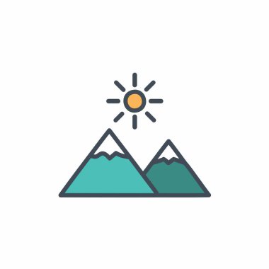 Dağlar ve güneş ikonu düz bir şekilde. Beyaz izole edilmiş arka planda doğa manzara vektör çizimi. Dağ işi kavramı.