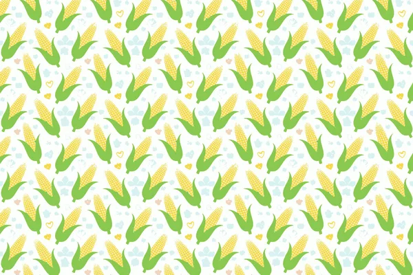 Mavi arka planda mısır ve çiçeklerle kusursuz desen. Vektör illüstrasyonu.