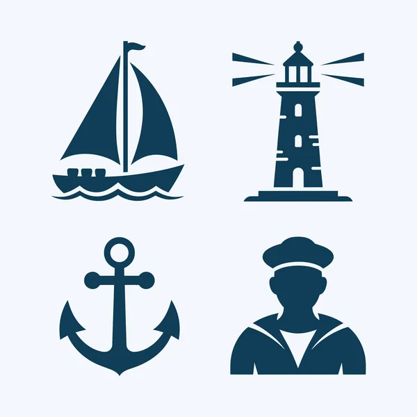 Deniz taşımacılığı vektör silueti yelkenli, deniz feneri, çapa ve mavi renkli denizci ile ayarlandı