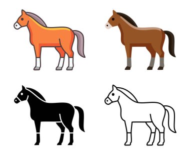 Dört sürüm vektör seti olan at simgesi. Ağ için at çiftliği hayvanlarının düz çizimi.