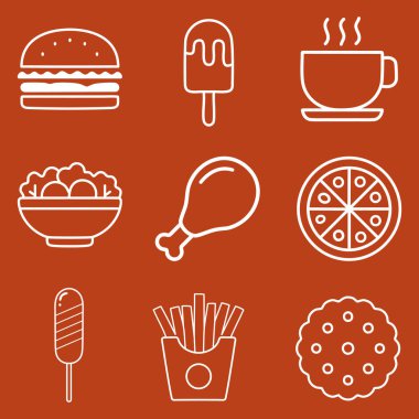 Hamburger, dondurma, çay, salata, kızarmış tavuk, pizza, kızarmış sosis, patates kızartması ve beyaz hatlı kurabiyeyle hazırlanmış fast food ikonları.
