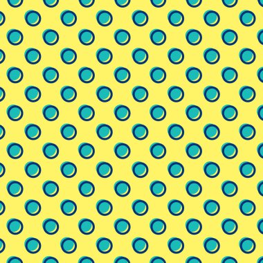 Sarı zemin üzerinde mavi daireler olan kusursuz bir desen. Polka noktalar ve çizim çemberi gölge vektör çizimi olarak.