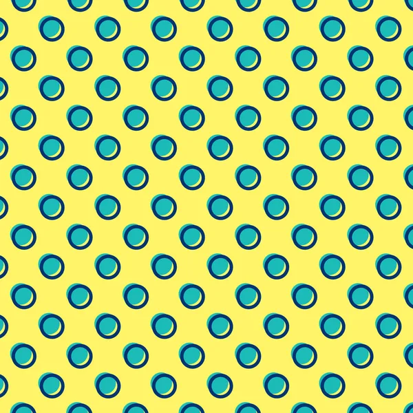 Sarı zemin üzerinde mavi daireler olan kusursuz bir desen. Polka noktalar ve çizim çemberi gölge vektör çizimi olarak.