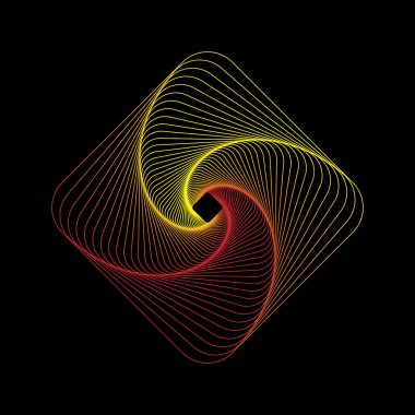 Dinamik geometrik kare spirograf sarmalı, sarı ve kırmızı eğimli.
