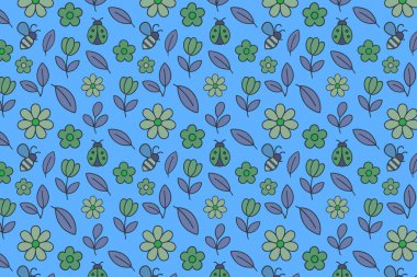 Şirin çiçek ve böceksiz desenli uğur böcekleri, arılar ve çiçeklerle