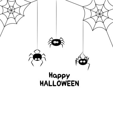 Köşelerindeki örümcek ağlarından sarkan üç şirin siyah örümceğin minimalist çizimi. Mutlu Cadılar Bayramı metni. Kartlar, posterler ve sosyal medya için basit ve komik Cadılar Bayramı tasarımı.