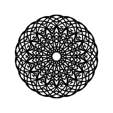 A striking black mandala with intricate radial patterns and perfect circular symmetry. This decorative design radiates calm, balance, and mindfulness, making it ideal for wall art and home decor.