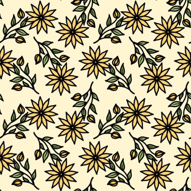Altın çiçekli kusursuz çiçek deseni, yumuşak yeşil yapraklar, ve açık bej arkaplanda koyu çizgiler, tekstil, duvar kağıtları, kırtasiye malzemeleri ve dekoratif projeler için mükemmel..