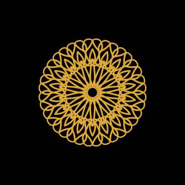 Siyah arkaplanda simetrik dairesel desenli katmanlı altın mandala dekoratif sanat, lüks temalar ve yaratıcı tasarım projeleri için idealdir..