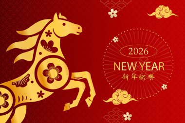 Çin Yeni Yılı 2026 At Kutlama Kartı Tasarımı. Çevirisi: Mutlu yıllar.