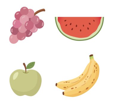 Üzümlü, karpuzlu, elmalı ve muzlu Şirin Meyve Çizimi.