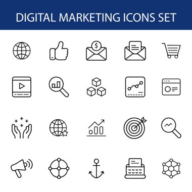 Dijital Pazarlama Simgeleri Set, Çevrimiçi Reklamcılık, Sosyal Medya, Analiz ve E-Ticaret.