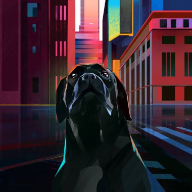 Siber punk tarzında köpekli parlak şehir