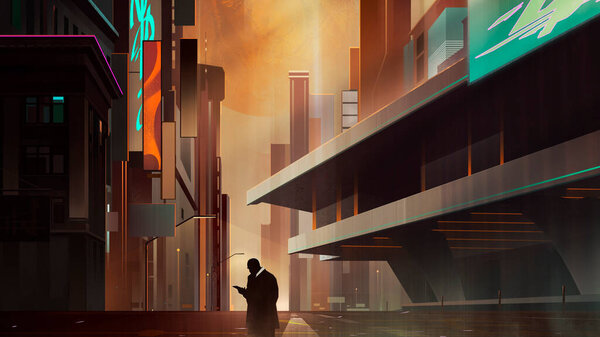 drawn bright fantastic cityscape in cyberpunk style with man