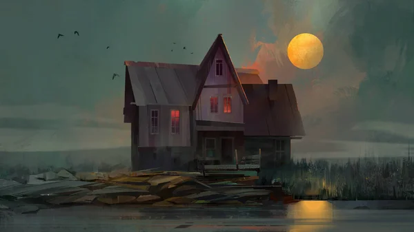 Paisaje pintado con una casa vieja en una noche sombría y tranquila —  Fotos de Stock