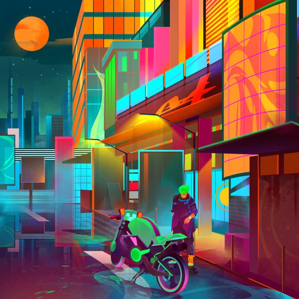 Desenhado paisagem urbana fantástica brilhante com motocicleta e homem — Fotografia de Stock