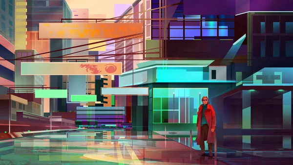 bright painted cityscape future. man standing on the street