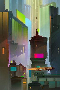 painted architectural landscape future. Morning city in the style of cyberpunk.