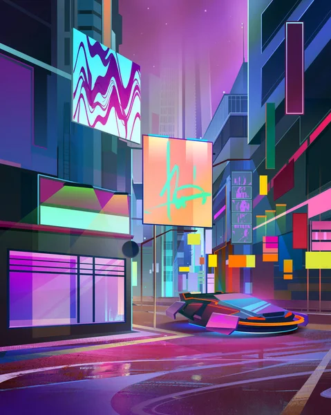 Drawn bright future cityscape in cyberpunk style with car — Stock Photo, Image