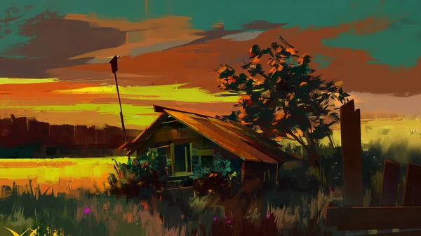 Ζωγραφισμένο ποιμενικό τοπίο ζωγραφική με παλιό σπίτι στο ηλιοβασίλεμα — Φωτογραφία Αρχείου