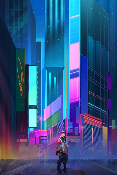 Ritat stadsbild från skyskrapor. cyberpunk gata med man — Stockfoto