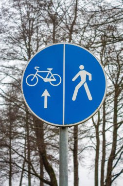 Mavi paylaşımlı bisiklet yolu tabelası çıplak ağaçlara karşı